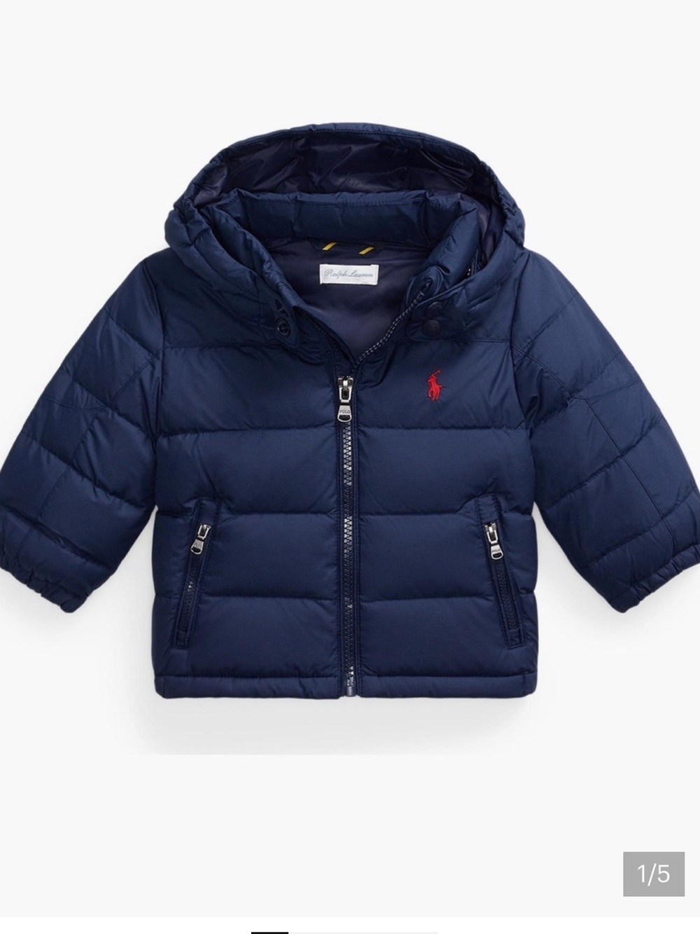 Ralph Lauren Navy Puffer Jacket with Red Polo Logo